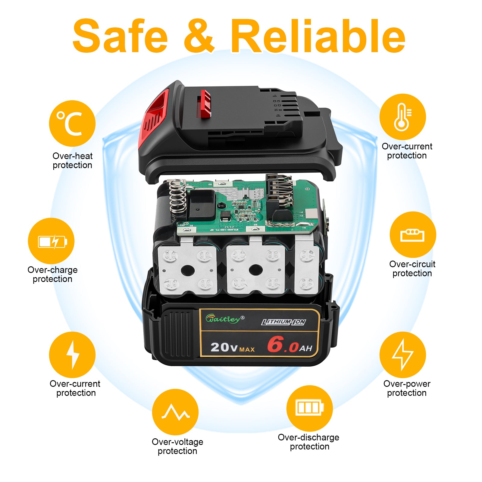 Waitley 2 Pack 20V 6.0A Replacement Battery Compatible with Dewalt DCB200 DCD DCF DCG Series Cordless Power Tools
