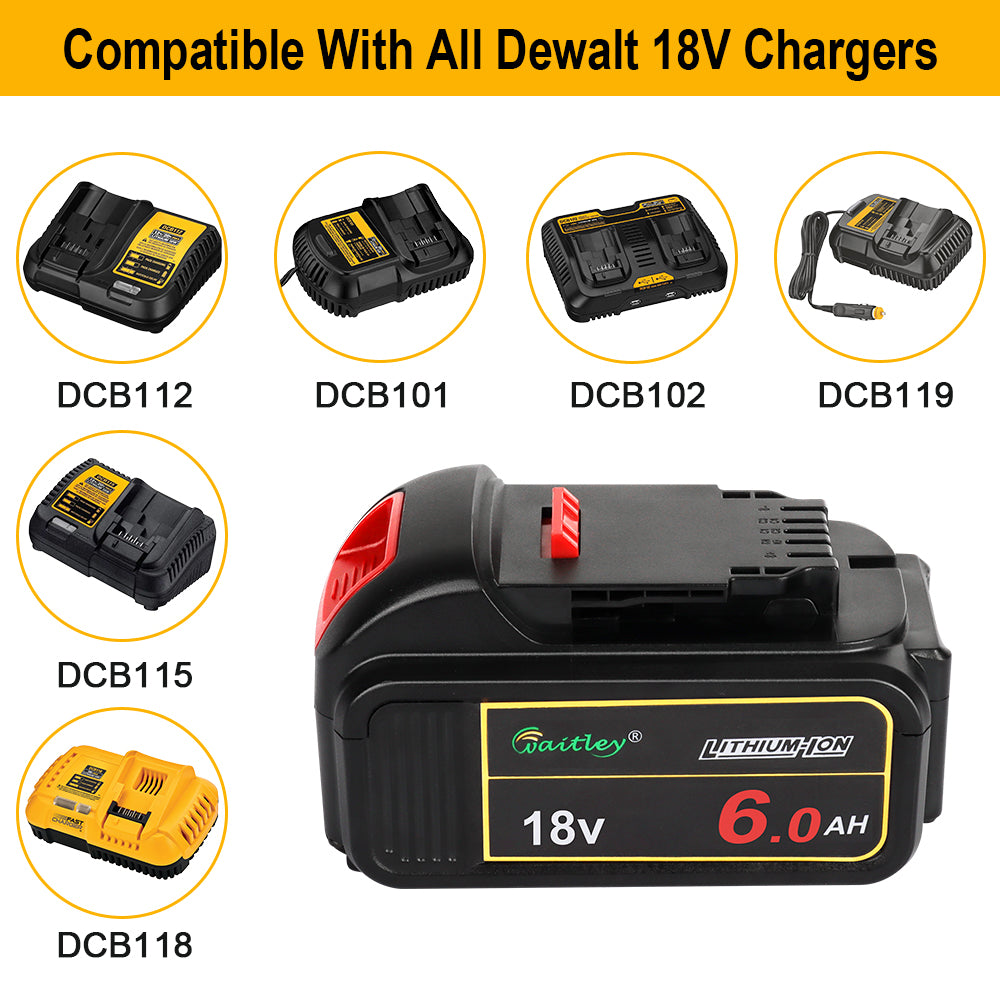 waitley 20V 6.0A Replacement Battery Compatible with Dewalt DCB200 DCD DCF DCG Series Cordless Power Tools