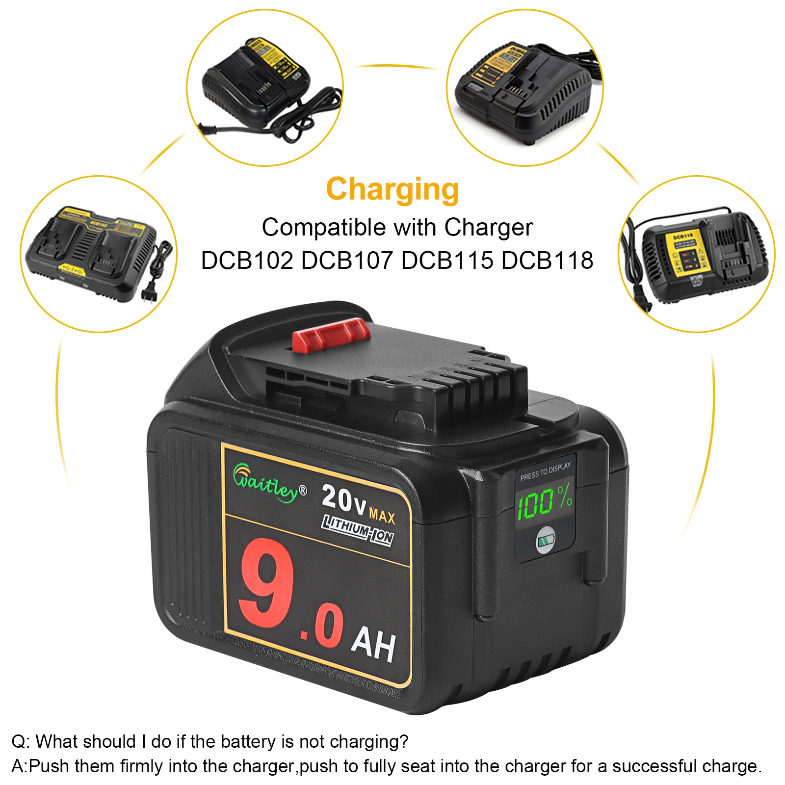 waitley 2 Pack 20V 9.0Ah DCB209 Replacement Battery Compatible with DCB200 20V DCD DCF DCG Series Cordless Power Tools with LED Indicator