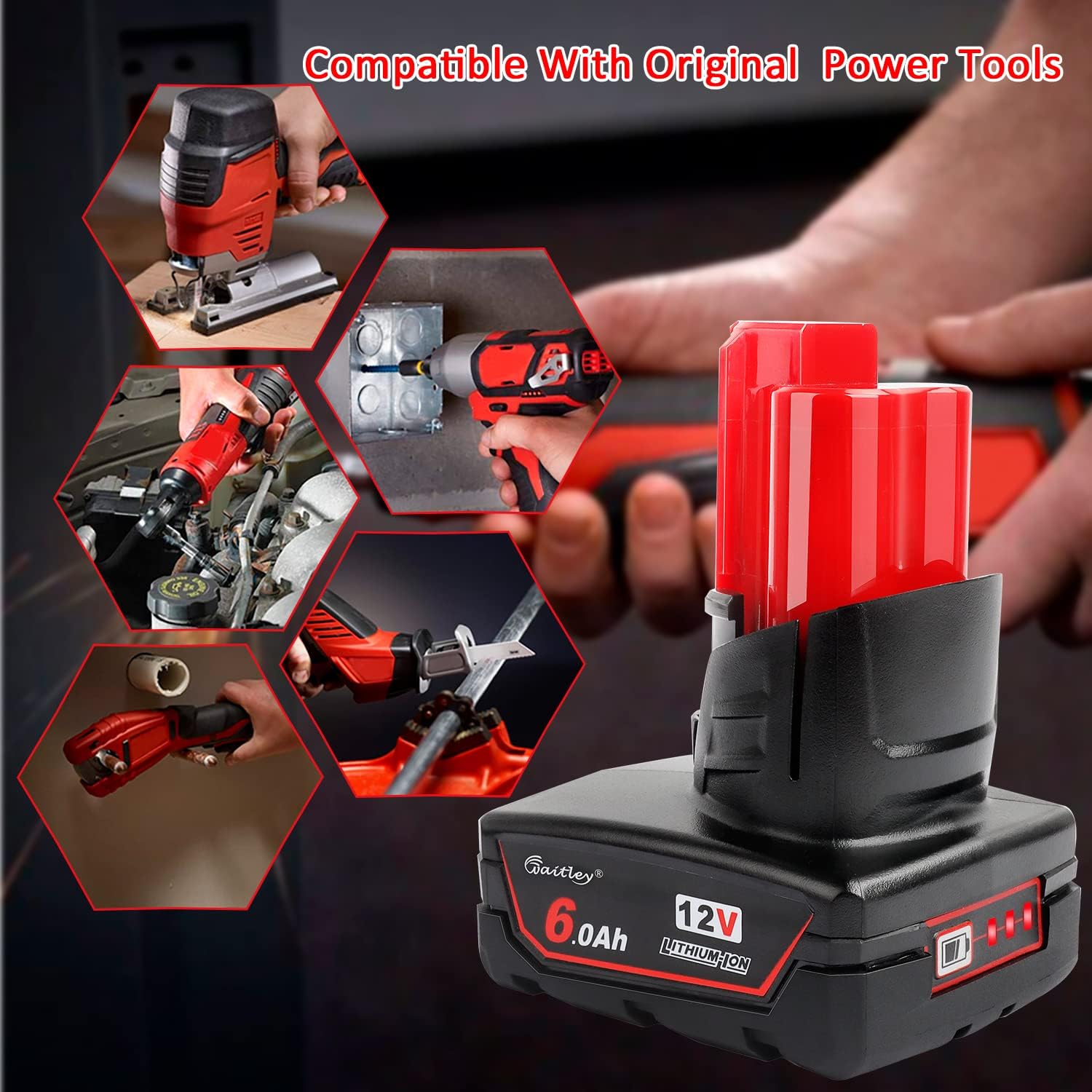 Waitley 12V 6.0Ah Battery Compatible with Milwaukee Power Tools