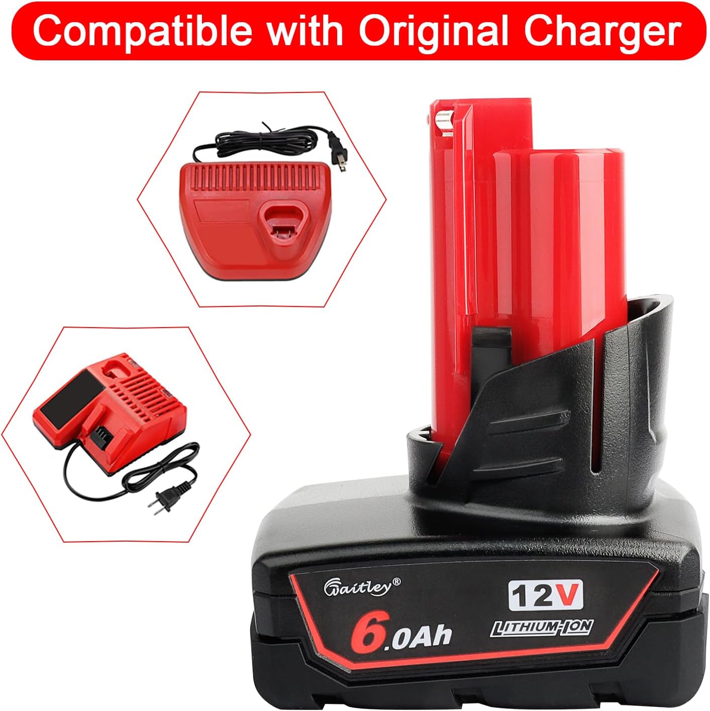Waitley 12V 6.0Ah Battery Compatible with Milwaukee Power Tools