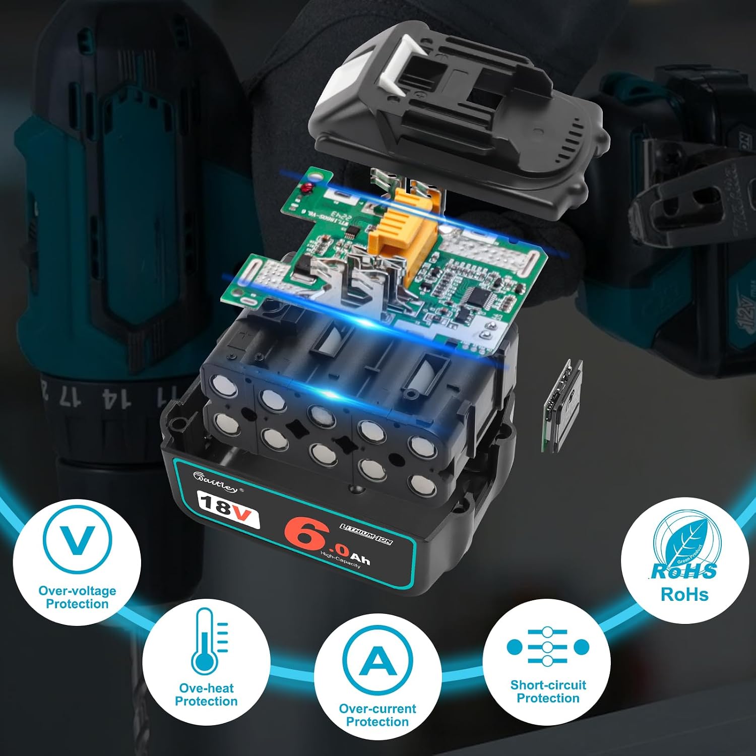 Waitley 18V 6.0Ah Battery Compatible with Makita Power Tools
