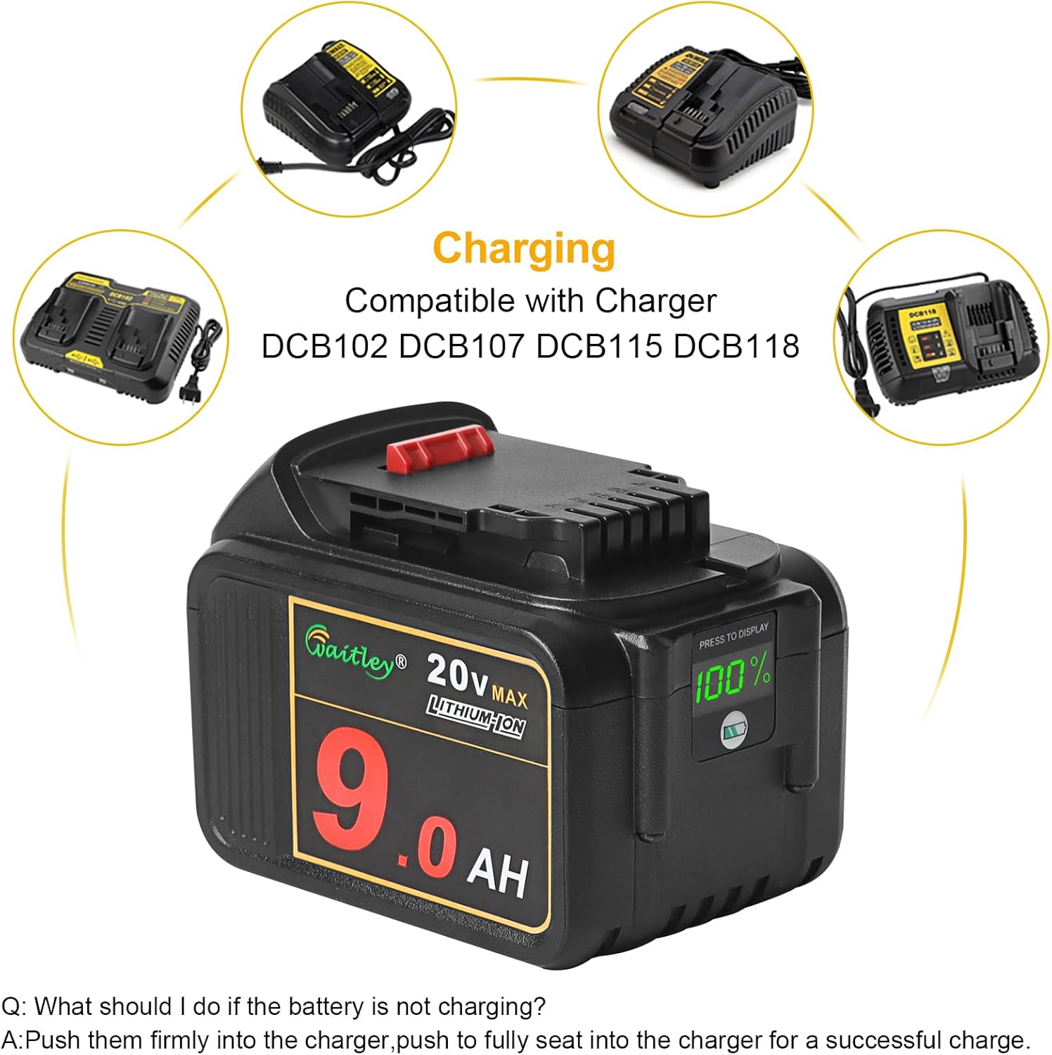 Waitley 20V 9.0Ah Battery Compatible with DEWALT Power Tools