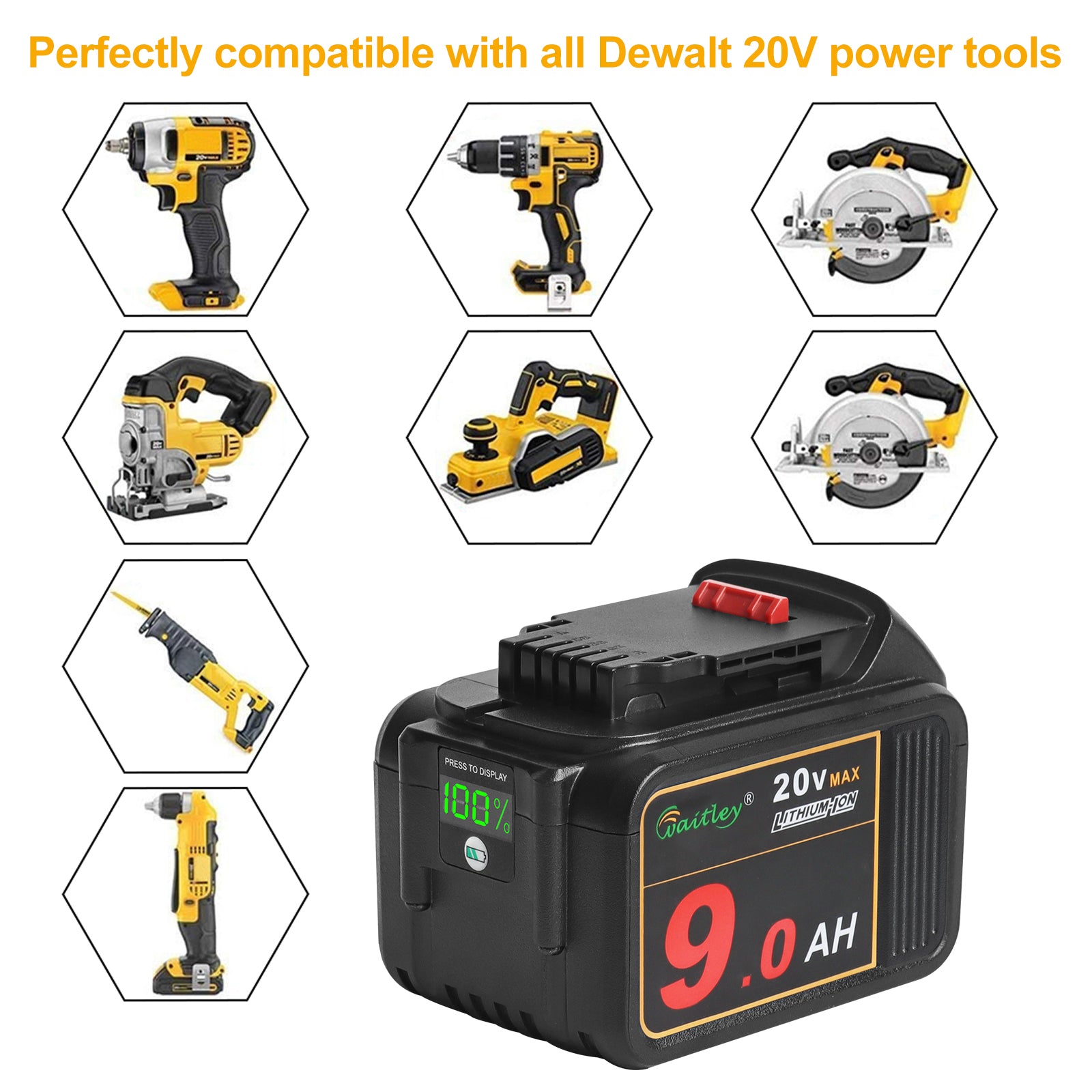 waitley 2 Pack 20V 9.0Ah DCB209 Replacement Battery Compatible with DCB200 20V DCD DCF DCG Series Cordless Power Tools with LED Indicator