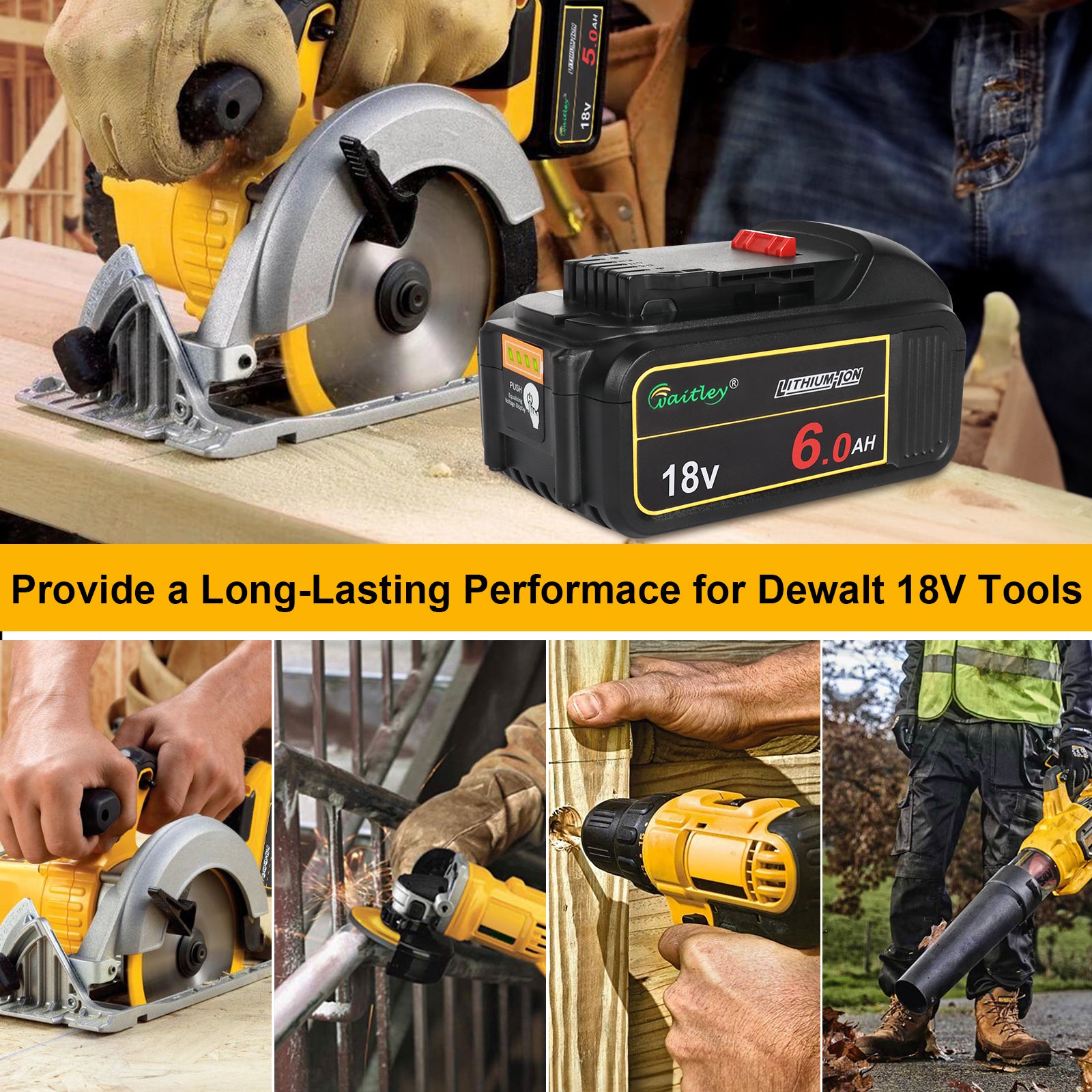 waitley 20V 6.0A Replacement Battery Compatible with Dewalt DCB200 DCD DCF DCG Series Cordless Power Tools
