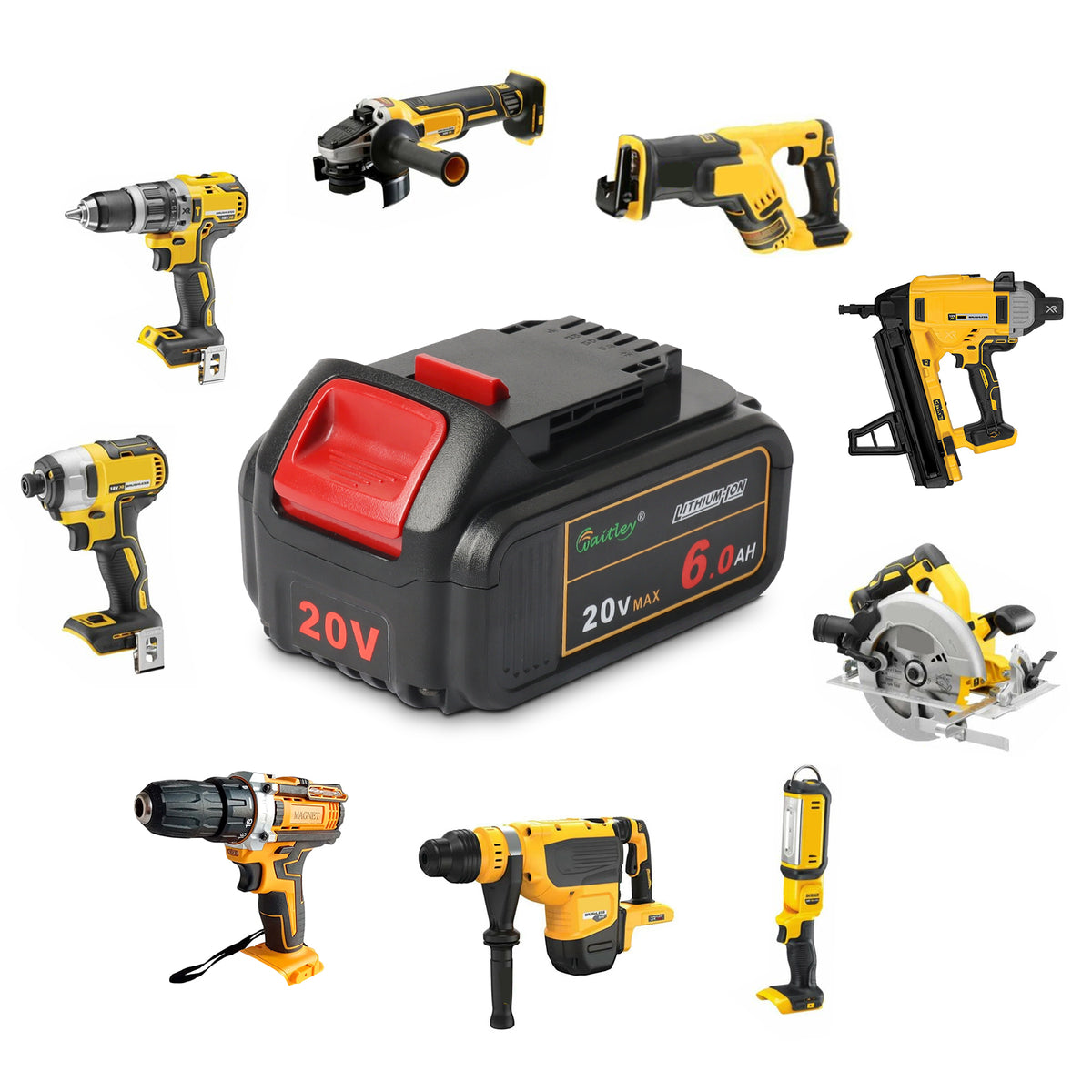 Waitley 2 Pack 20V 6.0A Replacement Battery Compatible with Dewalt DCB200 DCD DCF DCG Series Cordless Power Tools