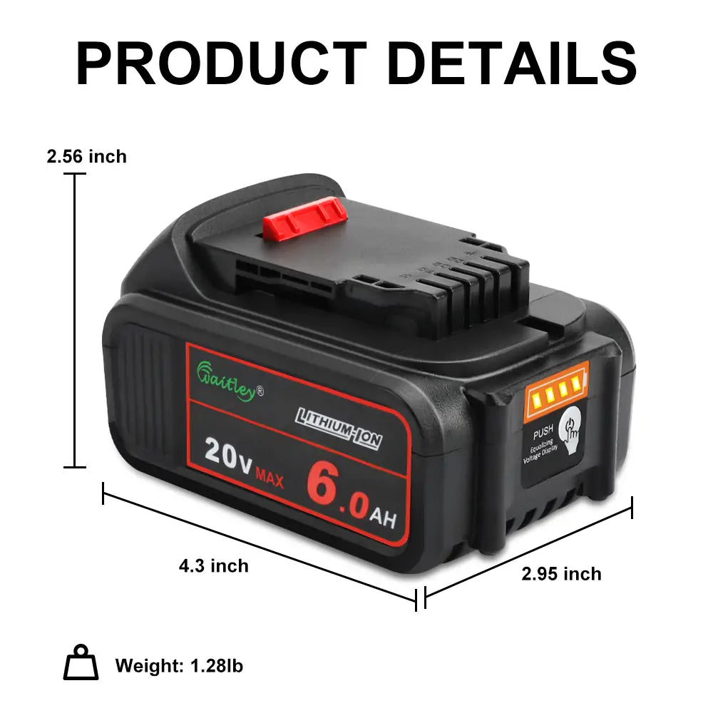 Waitley 20V 6.0A Replacement Battery Compatible with Dewalt DCB200 DCD DCF DCG Series Cordless Power Tools