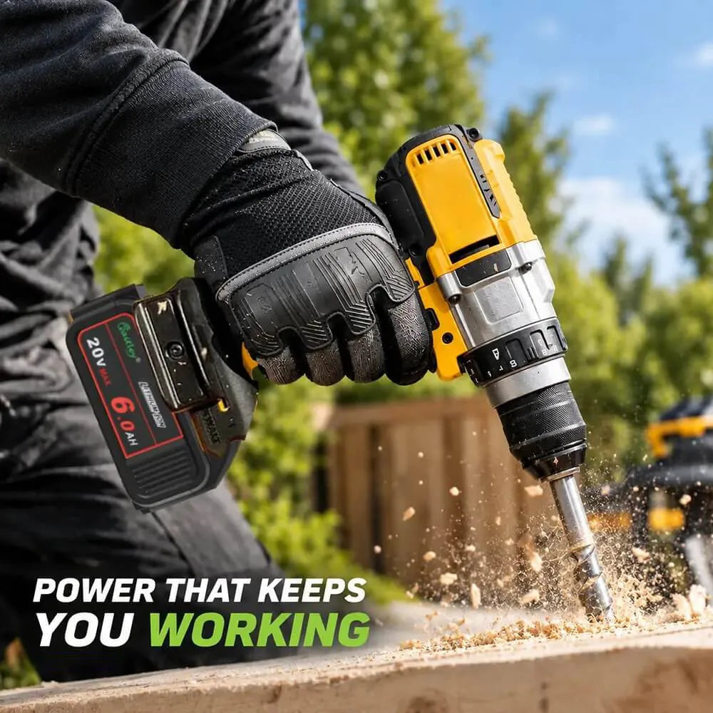 Waitley 20V 6.0Ah replacement battery powering a cordless drill on the jobsite