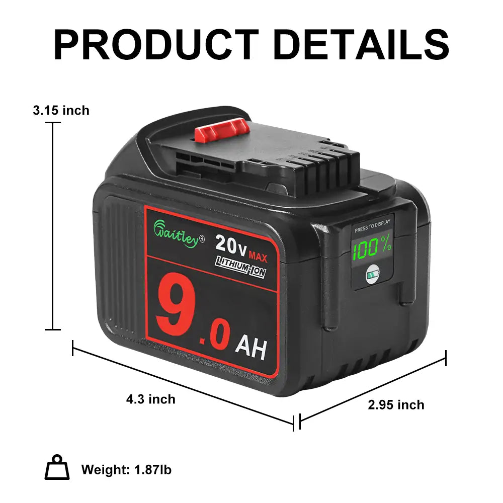 Waitley 2 Pack 20V 9.0Ah DCB209 Replacement Battery Compatible with DCB200 20V DCD DCF DCG Series Cordless Power Tools with LED Indicator