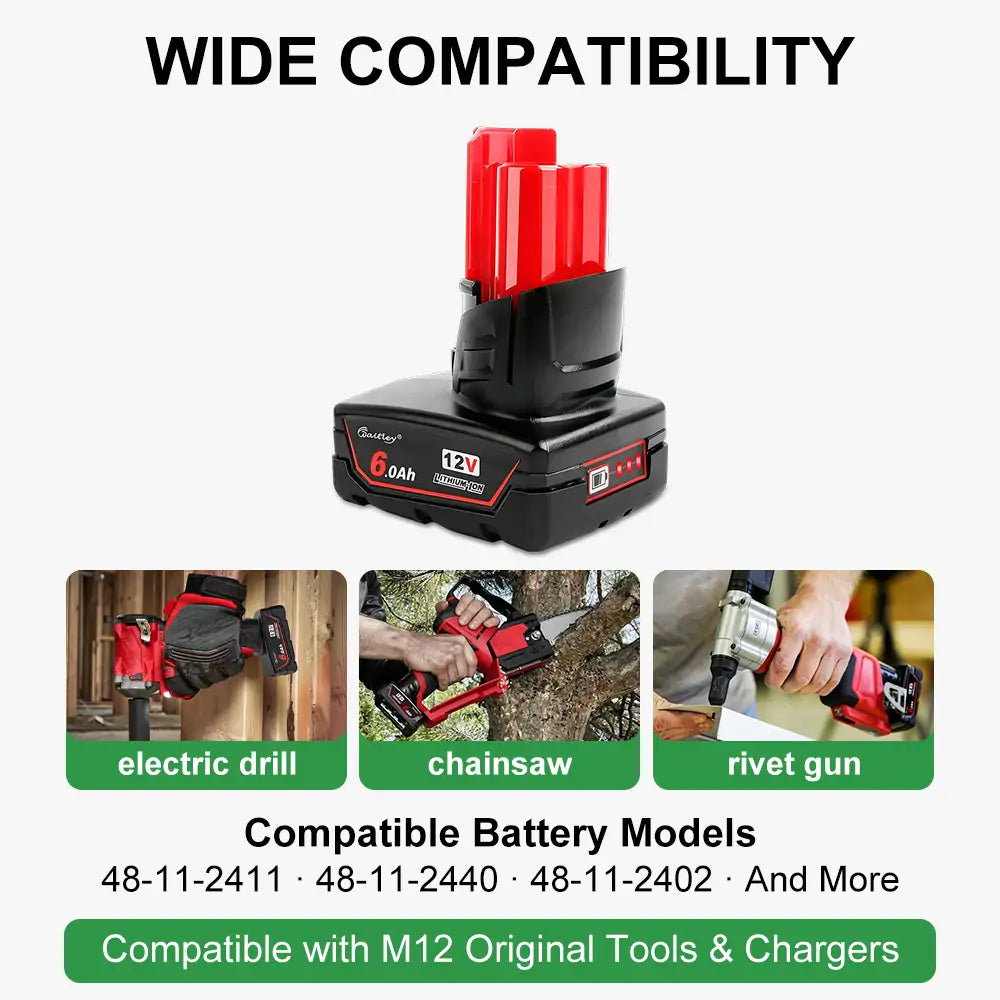 Waitley 12V 6.0Ah replacement battery compatible with Milwaukee M12 tools and chargers