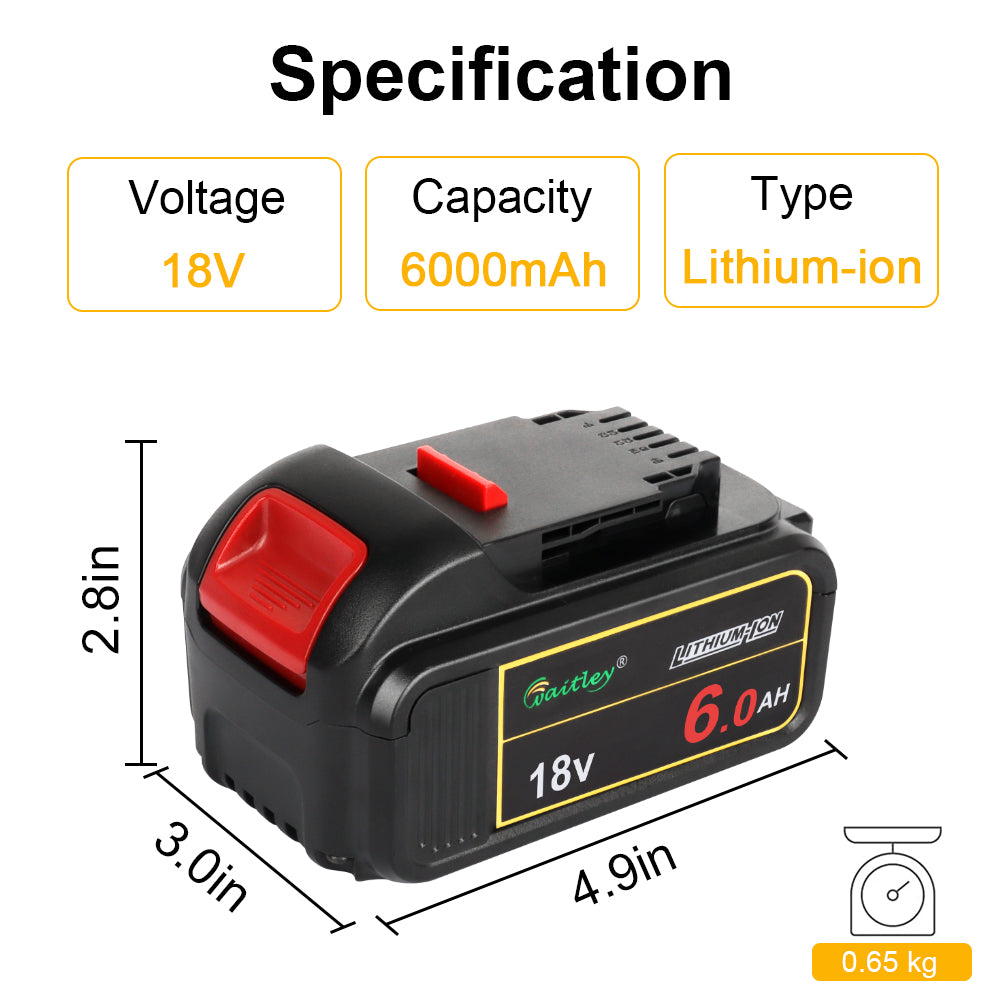 Waitley 2 Pack 20V 6.0A Replacement Battery Compatible with Dewalt DCB200 DCD DCF DCG Series Cordless Power Tools