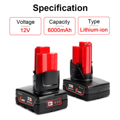 waitley 2 Pack 12V 6A Replacement Battery Compatible with Milwaukee 6.0Ah Power Tools