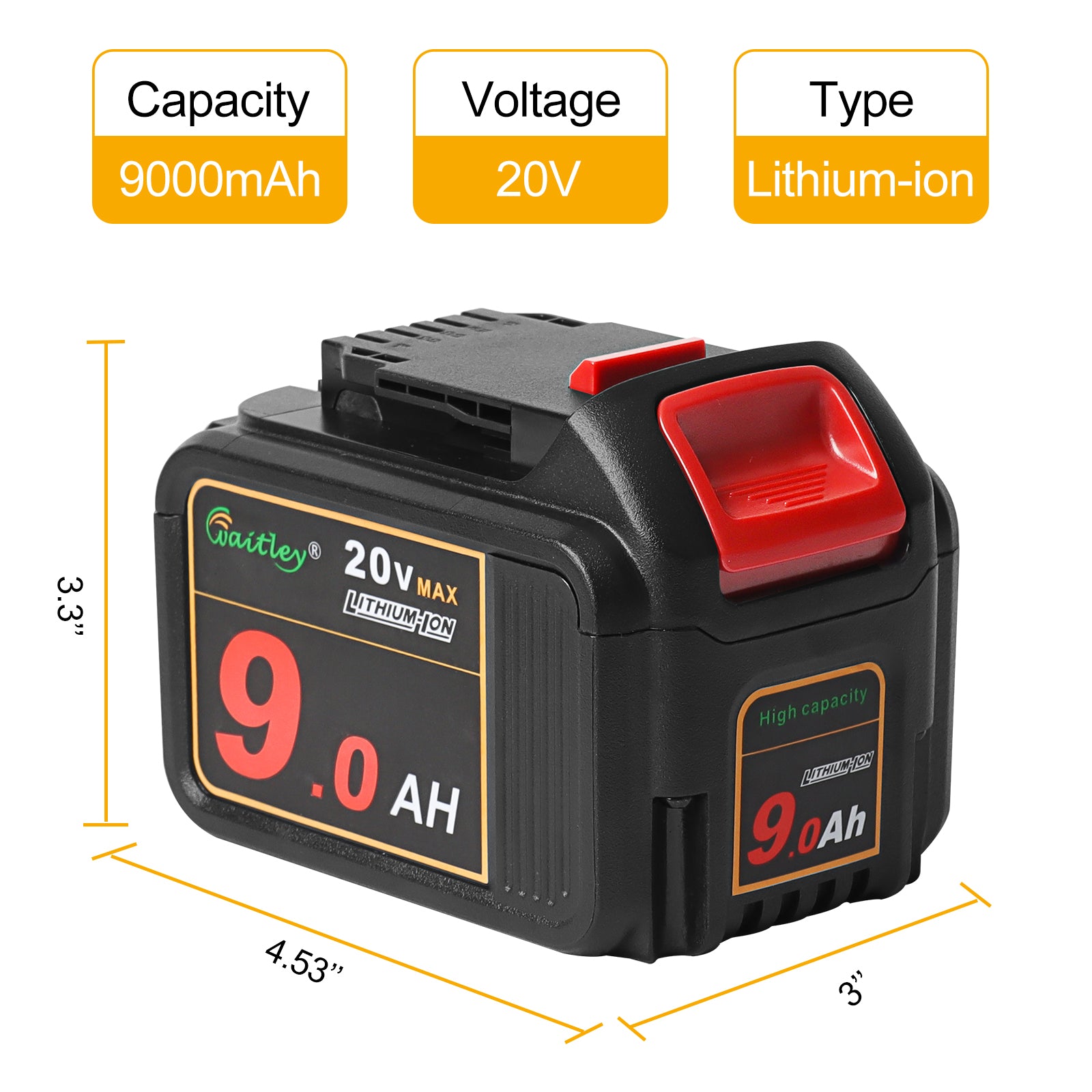 waitley 2 Pack 20V 9.0Ah DCB209 Replacement Battery Compatible with DCB200 20V DCD DCF DCG Series Cordless Power Tools with LED Indicator