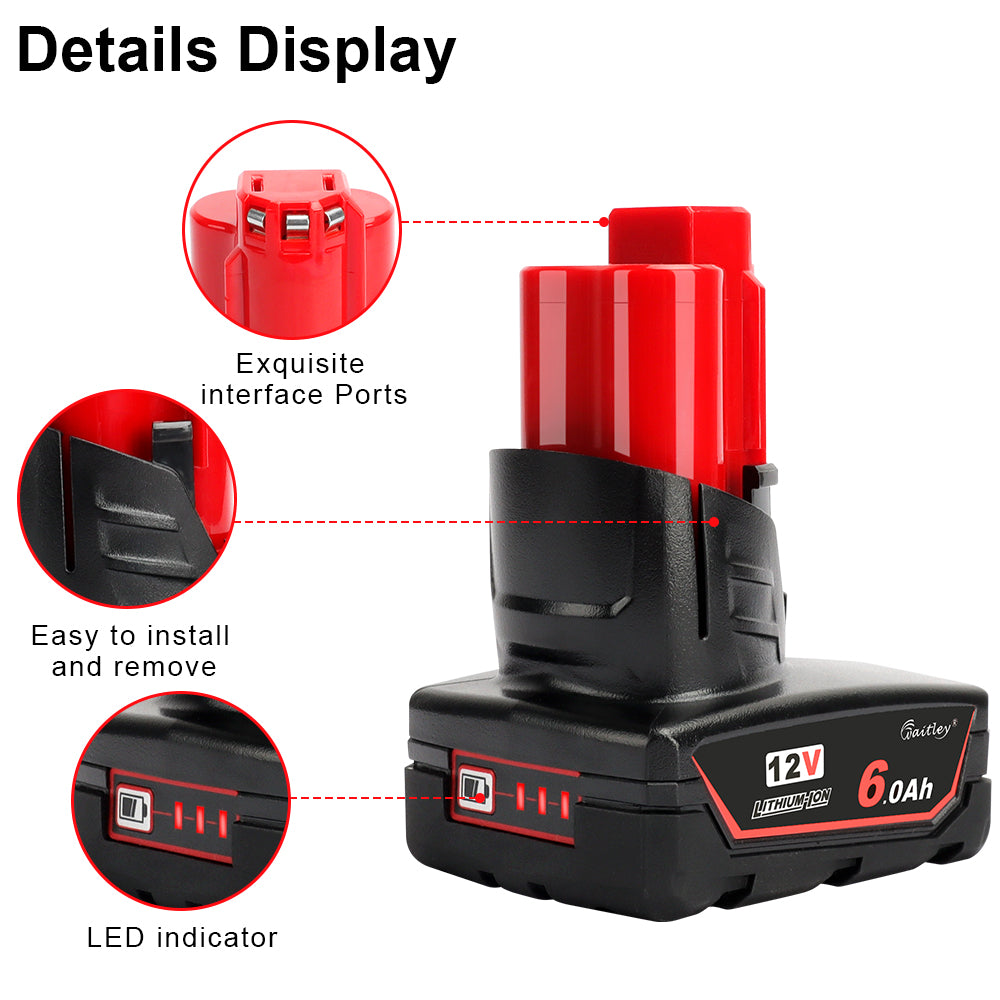 waitley 12V 6Ah Replacement Battery Compatible with Milwaukee 6.0Ah Lithium-ion Battery 48-11-2411 48-11-2440 48-11-2402 Tools