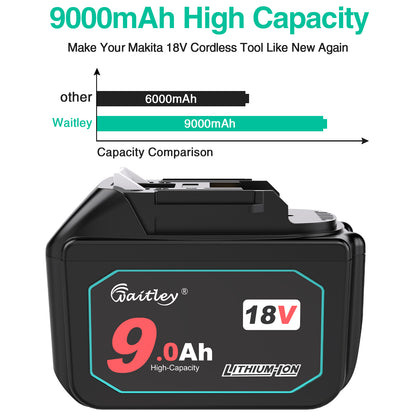 waitley 18V 9.0Ah Replacement Battery Compatible with BL1830 BL1840 BL1850 BL1860 BL1890 Lithium-Ion Battery Tools with LED Indicator