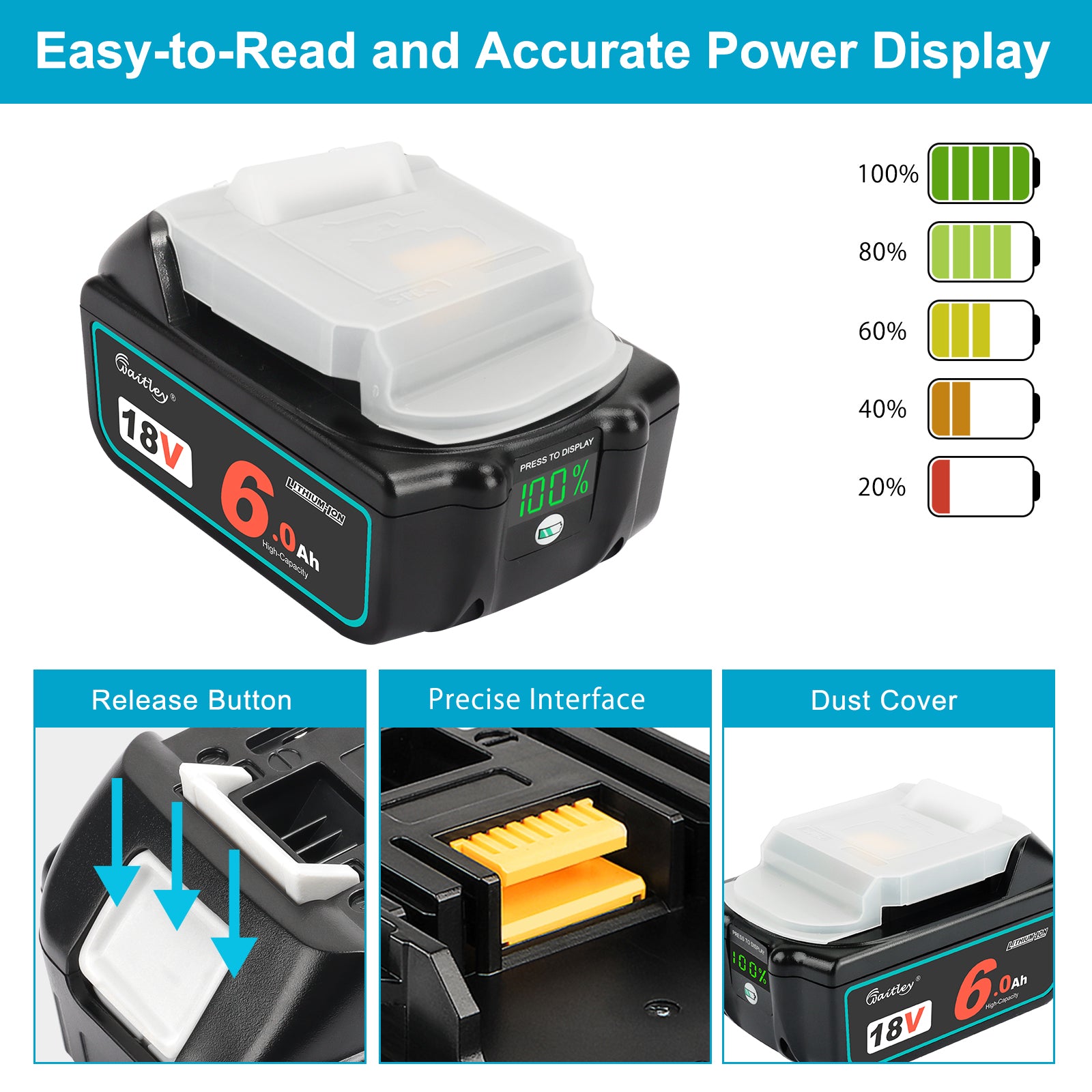 One Waitley 18V 6.0Ah Replacement Battery Compatible with Milwaukee 18v 6000mAh Lithium-Ion Battery Cordless Power Tools