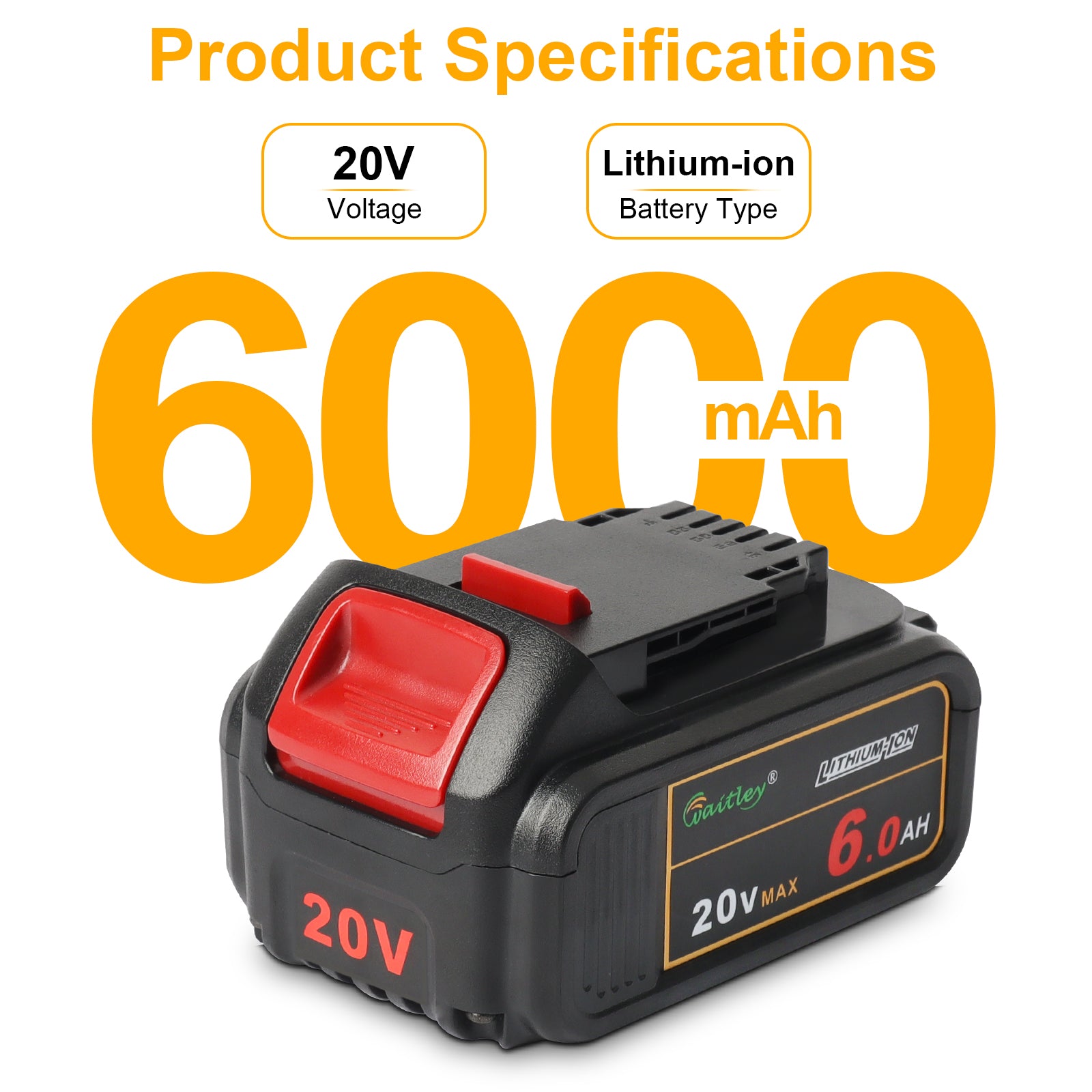 waitley 20V 6.0A Replacement Battery Compatible with Dewalt DCB200 DCD DCF DCG Series Cordless Power Tools