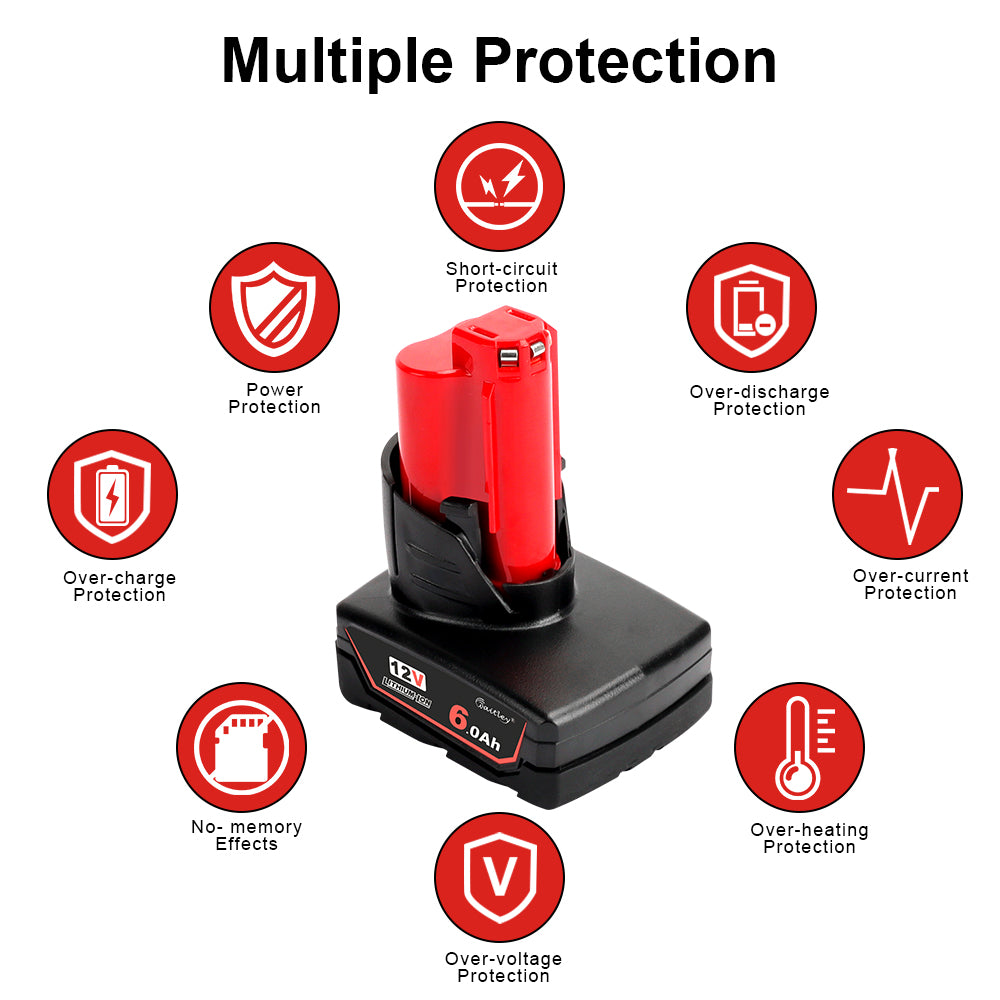 waitley 2 Pack 12V 6A Replacement Battery Compatible with Milwaukee 6.0Ah Power Tools