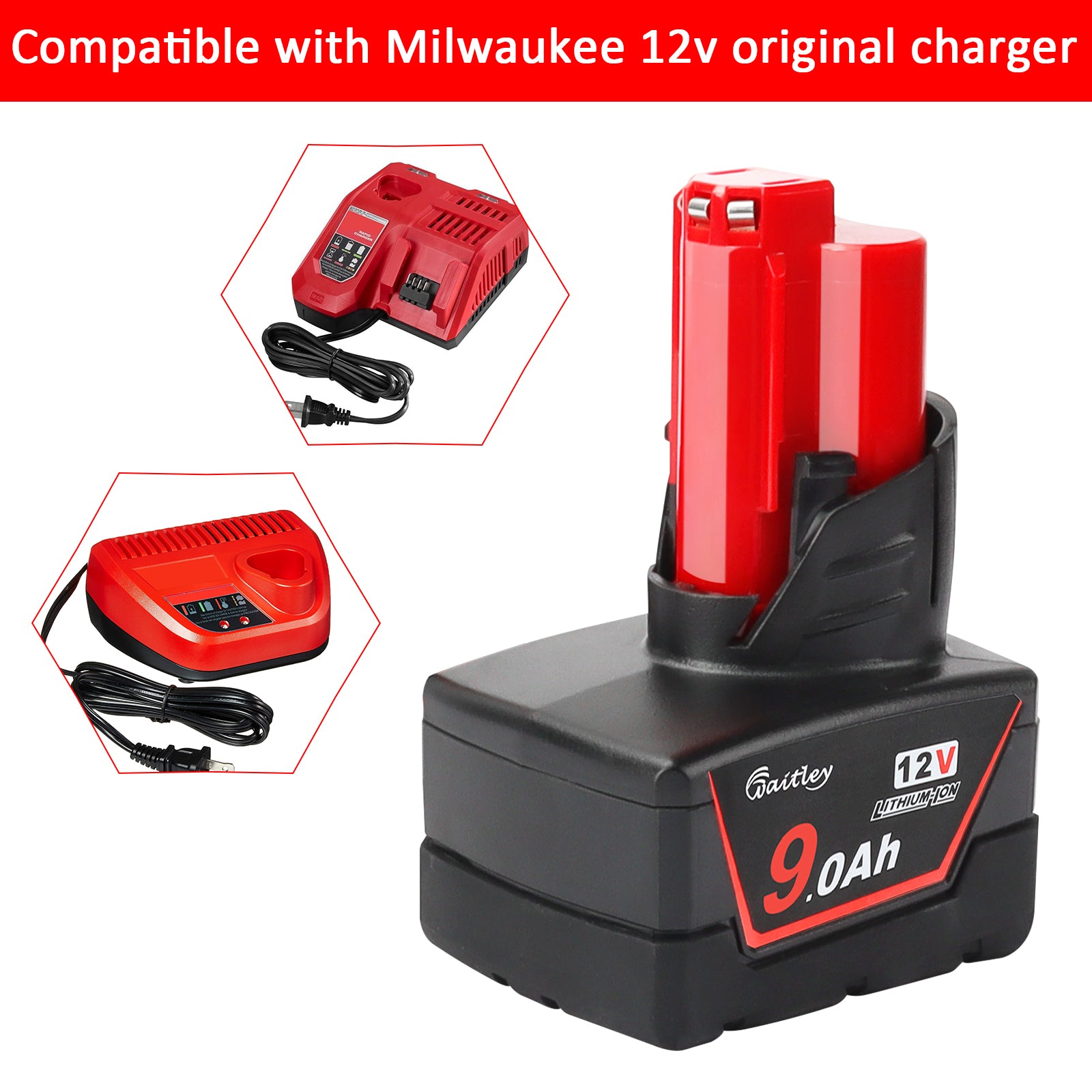 waitley 2 Pack 12V 9Ah Replacement Battery Compatible with Milwaukee 12V Power Tools