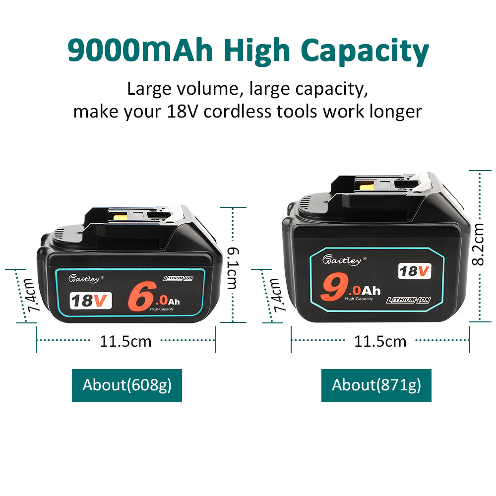 Waitley 18V 9.0Ah Replacement Battery Compatible For Makita BL1830 BL1840 BL1850 BL1860 BL1890 Lithium-Ion Battery Tools with LED Indicator
