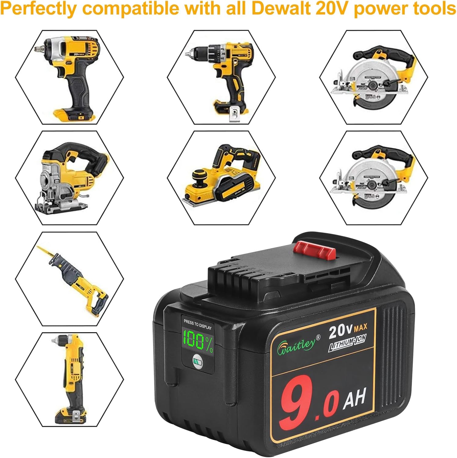 Waitley 20V 9.0Ah Battery Compatible with DEWALT Power Tools