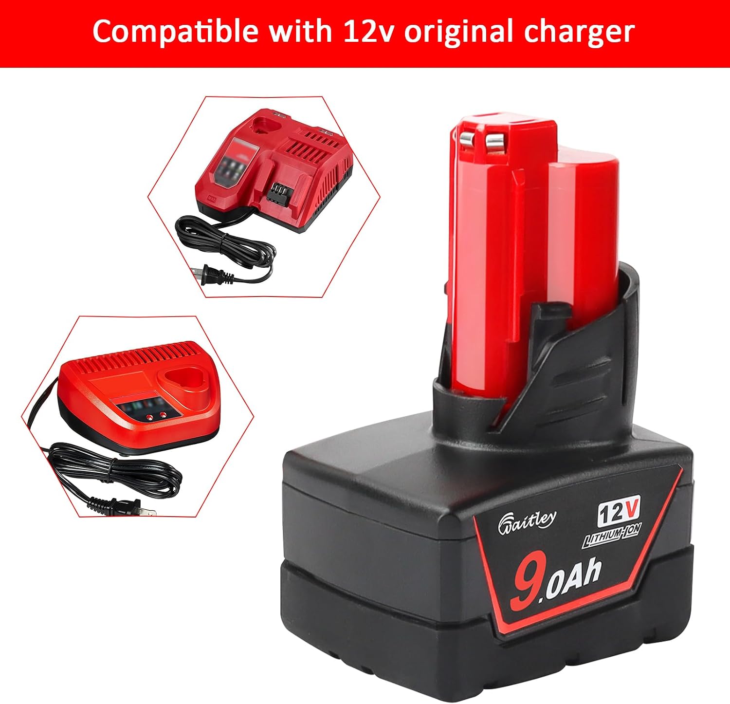 Waitley 12V 9.0Ah Battery Compatible with Milwaukee Power Tools