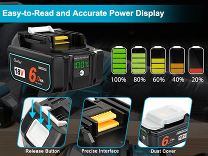 2 Packs Waitley 18V 6.0Ah Replacement Battery Compatible with Makita 18v 6000mAh Lithium-Ion Battery Cordless Power Tools