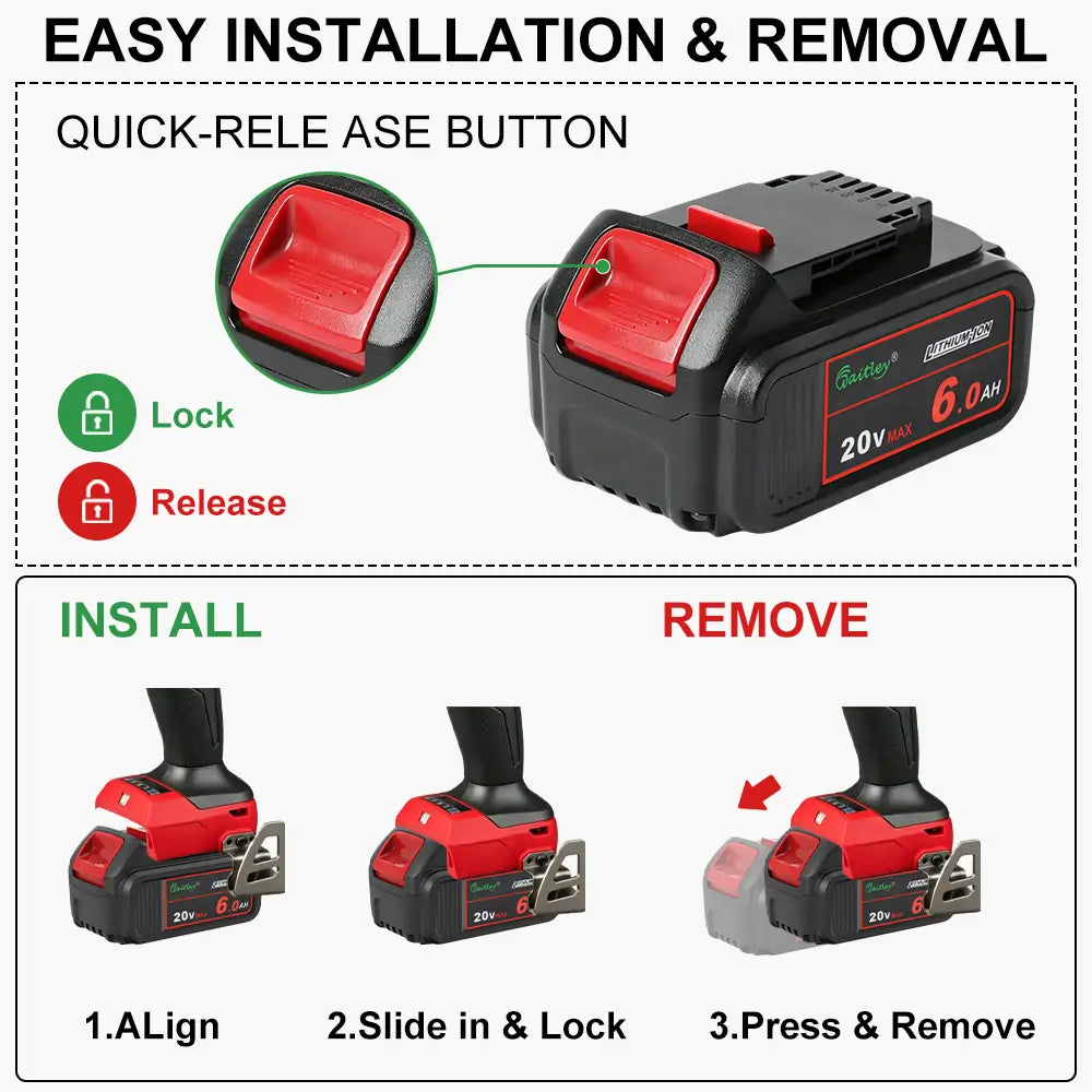 Waitley 20V 6.0Ah replacement battery installation and removal guide