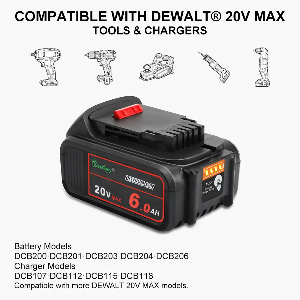 Waitley 20V 6.0A Replacement Battery Compatible with Dewalt DCB200 DCD DCF DCG Series Cordless Power Tools