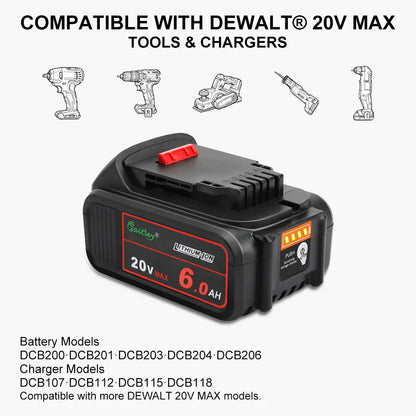Waitley 2 Pack 20V 6.0A Replacement Battery Compatible with Dewalt DCB200 DCD DCF DCG Series Cordless Power Tools