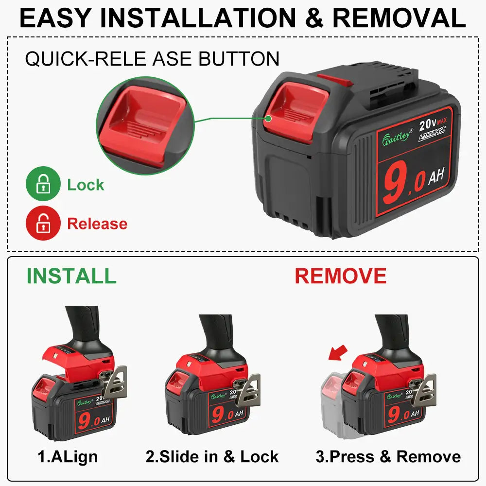 Waitley 2 Pack 20V 9.0Ah DCB209 Replacement Battery Compatible with DCB200 20V DCD DCF DCG Series Cordless Power Tools with LED Indicator
